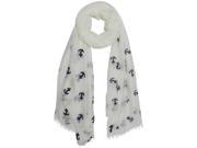 White Navy Blue Lightweight Anchor Embroidered Shawl Wrap