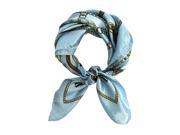 Blue Satin Square Neck Scarf With Gold Print