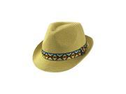 Beige Woven Straw Fedora Hat With Aztec Band
