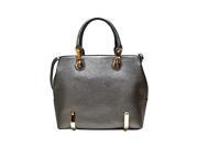 Pewter Textured Vegan Leather Satchel Bag With Gold Hardware