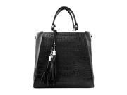 Black Textured Handbag Tote With Tassel Trim