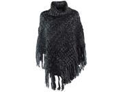 Black Thick Knit Luxury Turtleneck Poncho With Fringe