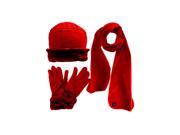 Red Cloche Fur Trim Fleece 3 Piece Hat Scarf Glove Set