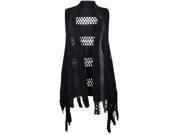 Black Open Knit Abstract Pattern Scarf Vest With Fringe