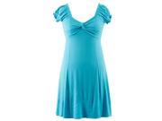 Turquoise Stretchy V Neck Casual Dress With Cap Sleeves