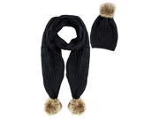 Black 2 Piece Knit Slouch Beanie Scarf Set With Fur Pom Poms