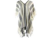 Beige Gray Mixed Pattern Knit Poncho With Tassel Fringe