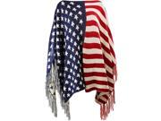 American Flag Print Knit Poncho Shawl With Fringe
