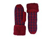 Burgundy Wool Blend Hounds Tooth Mittens With Fuzzy Cuff