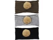 Black Gray Taupe 3 Pack Thick Knit Headband With Fur Pom Pom
