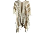 Beige Cream Mixed Pattern Knit Poncho With Tassel Fringe