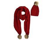 Red 2 Piece Knit Slouch Beanie Scarf Set With Fur Pom Poms