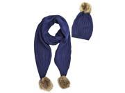 Navy Blue 2 Piece Knit Slouch Beanie Scarf Set With Fur Pom Poms
