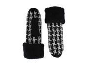 Black Wool Blend Hounds Tooth Mittens With Fuzzy Cuff