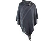 Gray Knit Turtleneck Poncho With Long Fringe Button Trim