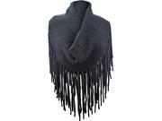 Black Thick Knit Circle Infinity Scarf With Extra Long Fringe
