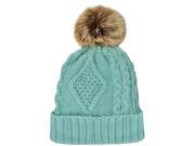 Mint Green Chunky Cable Knit Beanie Pom Pom Hat With Fleece Lining