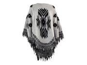 Gray Aztec Sweater Knit Sleeved Poncho Trimmed With Lavish Fringe