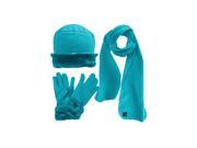 Faux Fur Trim Turquoise Fleece 3 Piece Hat Scarf Glove Set