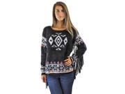 Black White Aztec Knit Sweater With Fringed Sleeves