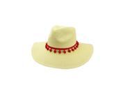 Red Wide Brim Straw Fedora Hat With Pom Pom Trim
