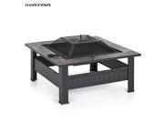 IKAYAA High quality Metal Garden Backyard Fire Pit Patio Square Firepit Stove Brazier Outdoor Fireplace W Mesh Firepit Cover Poker