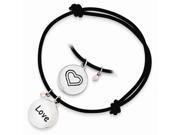 Sterling Silver Rhodium Plated Black Leather Expandable Cord Peace and Love Bracelet