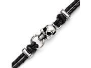 Stainless Steel 8.25in Antiqued Skull with Crosses Leather Bracelet