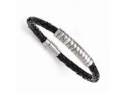Stainless Steel 8.25in Polished Design and Black Woven Leather Bracelet