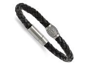 Titanium Polished Synthetic CZs Black Leather Bracelet