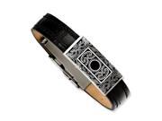 Stainless Steel Black Leather w Decorative Accent 7.5in Bracelet