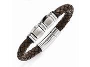 Stainless Steel 8.25in Polished Brushed Brown Leather Black Rubber Bracelet