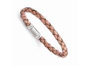 Stainless Steel 7.5in Polished Pink Woven Leather Bracelet