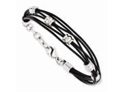 Stainless Steel Black Leather Polished Beads 7.5in w ext Bracelet