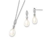Sterling Silver 8 9mm White Freshwater Cultured Pearl Synthetic CZ Necklace and Earring Set