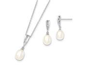 Sterling Silver 7 8mm White Freshwater Cultured Pearl Synthetic CZ Necklace and Earring Set
