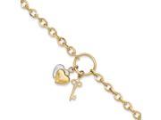 14k Yellow Gold 7.5in W Rhodium Plated Polished and Satin Heart Key Bracelet