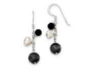 Sterling Silver Synthetic Multi Gemstone Freshwater Cultured Pearl Black Agate Lava Rock Dangle Earrings 1.5IN x 0.5IN