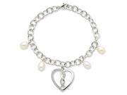 Sterling Silver Freshwater Cultured Pearl Synthetic CZ Hearts Joined Together 7in Bracelet.