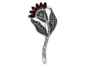 Sterling Silver Rhodium Plated Antiqued Marcasite Red Synthetic CZ Flower Pin