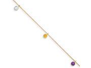 14k Yellow Gold Synthetic 9in Multi colored Gemstone Anklet.