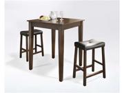 Crosley 3 Piece Pub Dining Set w Tapered Leg and Upholstered Saddle Stools in Vintage Mahogany