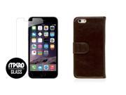 iPhone 6 6S Case Brown Genuine Leather Wallet Case Bubble Free Tempered GLASS Screen Protector