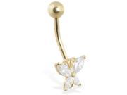 14K solid gold jeweled butterfly belly ring