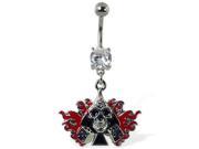 Navel ring with dangling skull with spades dice and flame