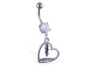 Belly ring with dangling jeweled green heart and feather