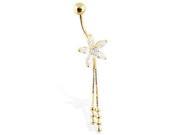 14K solid gold flower belly ring with dangling chains and balls