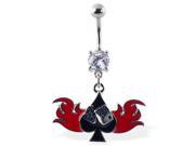 Navel ring with dangling spade with dice and flames