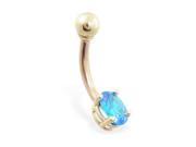 14K solid gold belly ring with small aquamarine oval CZ