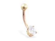 14K solid gold belly ring with small clear oval CZ